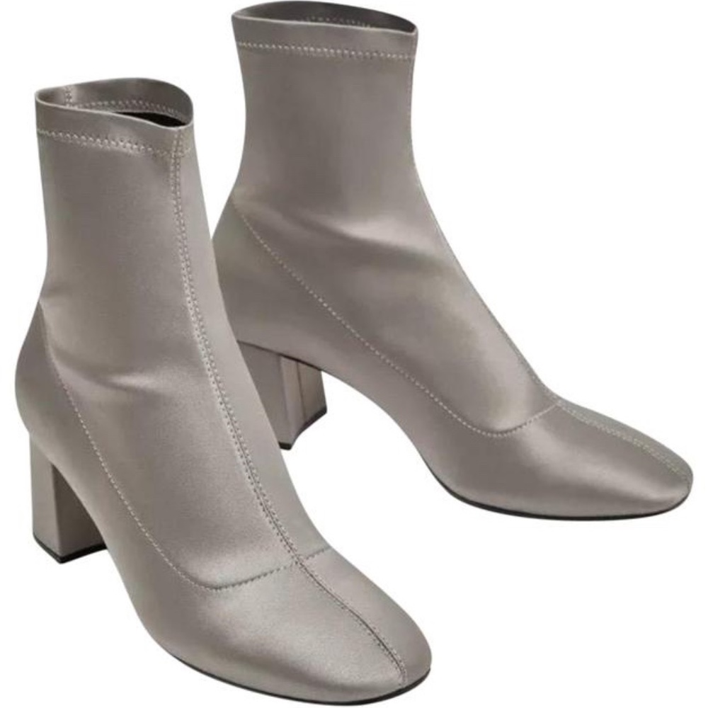 Zara Sock-Style Silver Satin Ankle Boots